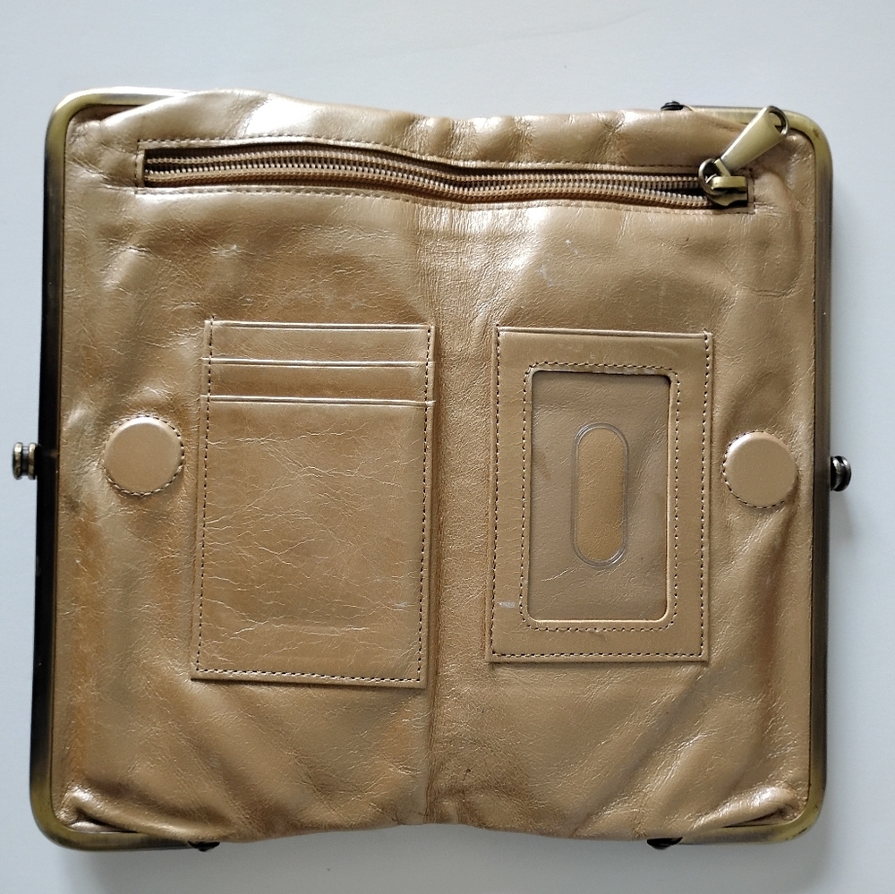 HOBO  Leather Lauren Wallet Kiss Lock Metallic Gold Folding  Classic Clutch - Picture 5 of 12